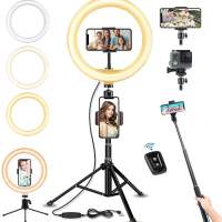 LED ring light with tripod Bluetooth remote control, 10 "selfie ring light, double mobile phone holder with 3 colors and 10 brig